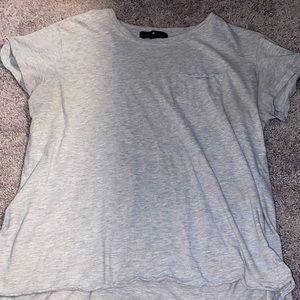 front and back picture. gray short sleeve shirt. large.